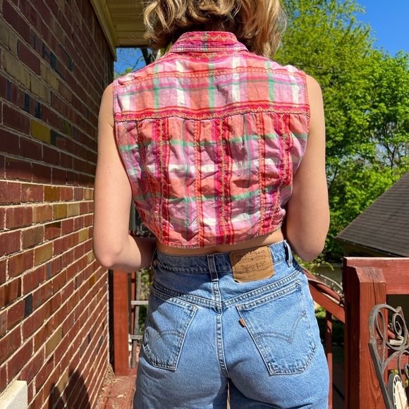 Vintage Pink Plaid Cropped Tie Top - Picture 4 of 5
